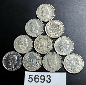 5693　スイス 　20サンチューム硬貨　10枚　年号無選別