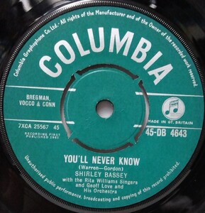 [EP]SHIRLEY BASSEY【YOU'LL NEVER KNOW / HOLD ME TIGHT】 シャーリー・バッシー COLUMBIA(45-DB 4643) MADE IN GT.BRITAIN UK 英盤