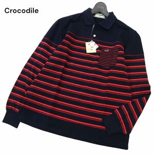 【新品 未使用】 Crocodile クロコダイル 通年 長袖 ワニ刺繍★ ボーダー 鹿の子 ポロシャツ Sz.M　メンズ ネイビー 日本製　C4T03023_4#C