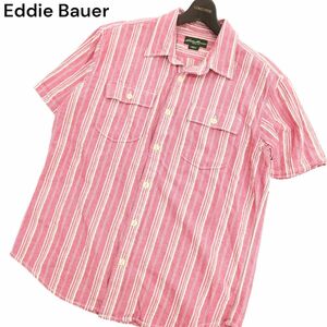 Eddie Bauer エディーバウアー 春夏 半袖 ストライプ CPO ワーク シャツ Sz.M　メンズ ピンク アウトドア モーリシャス製　C4T03257_4#A