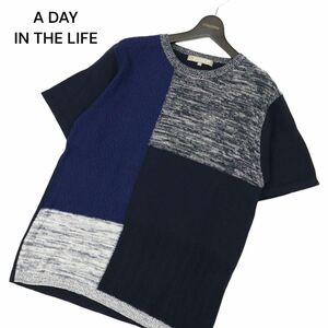 A DAY IN THE LIFE United Arrows spring summer short sleeves knitted me Ran ji switch * cut and sewn Sz.L men's navy C4T03203_4#J