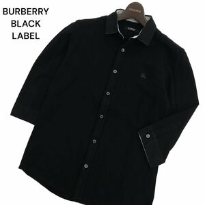 BURBERRY BLACK LABEL バーバリー ブラックレーベル 春夏 7分袖 ロゴ刺繍★ シャツ Sz.2　メンズ 黒　C4T02640_3#A