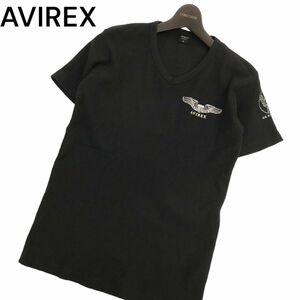 AVIREX アヴィレックス 春夏 半袖 プリント Vネック ミニワッフル★ サーマル カットソー Tシャツ Sz.M　メンズ 黒　C4T03466_4#D