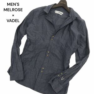 MEN'S MELROSE × VADEL メンズメルローズ × ヴァデル 長袖 ストライプ 刺繍★ 麻混 フック シャツ Sz.L　メンズ ネイビー　C4T03559_4#A