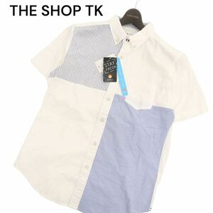 【新品 未使用】 THE SHOP TK タケオキクチ 春夏 半袖 ポリジン加工★ ボタンダウン 切替 シャツ Sz.L　メンズ 白　C4T03577_4#A