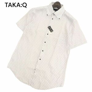 【新品 未使用】 TAKA:Q タカキュー 春夏 半袖 形態安定加工★ クールビズ チェック ワイシャツ Sz.L　メンズ 白 ビジカジ　C4T03576_4#A