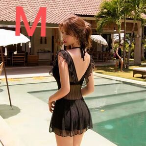 シンプル♪盛れる体型カバー!黒ワンピース水着 黒レース セクシー M 水着レディース