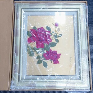 I841 絵画 油彩額 アマポーラ 額装 薔薇 バラ F6 410×319mm シルバー 麻 油彩 油絵 アート インテリア 静物画 中古 ジャンク品訳あり