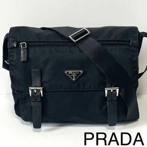 【良品】PRADA プラダ　ショルダーバッグ　ナイロン×レザー　ダブルベルト　黒