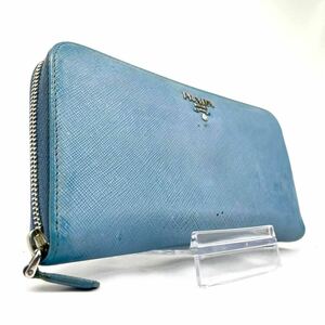 1円【良品】PRADA プラダ 長財布 ラウンドファスナー ジッピーウォレット ロゴ サフィアーノレザー 本革 ネイビー メンズ ブルー 紺 青