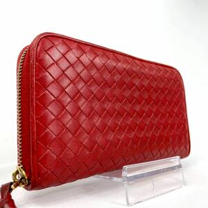 1円【希少】BOTTEGA VENETA ボッテガヴェネタ イントレチャート ラウンドファスナー 長財布 小銭入れ ラムレザー メンズ レッド 赤 ジップ