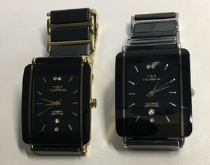 TECHNOS/テクノス クオーツ 腕時計 アナログ ゴールド＆シルバーペア ブラック 動作未確認-中古美品-D2210