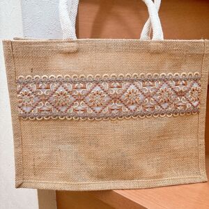 インド刺繍リボン　 ハンドメイド トートバッグ　ジュートバッグ　ジュートマイバッグ　オリジナル エコバッグ