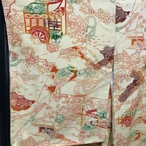 着物 総柄 袷 小紋 正絹 春夏秋冬 型染 濃い黄色 鷹 着丈164cm 裄丈64.5cm 0408-23yの画像4