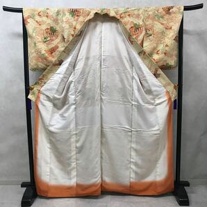 着物 総柄 袷 小紋 正絹 春夏秋冬 型染 濃い黄色 鷹 着丈164cm 裄丈64.5cm 0408-23yの画像6