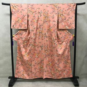 着物　総柄　袷　小紋　正絹　春夏秋冬　恋ピンク色　お花　着丈157cm 裄丈64.5cm 0409-16y