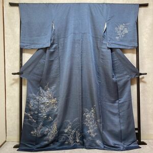 着物　袷　青色系　訪問着 付け下げ 綸子 花柄 部分刺繍　春夏秋冬　着丈159.5cm 裄丈65cm 0426-11m