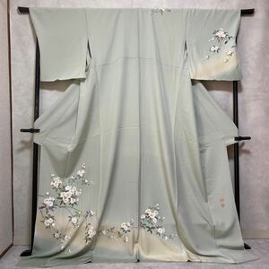 着物　訪問着 付下げ 袷　落款 草花 ぼかし　薄緑色　春夏秋冬　長丈　着丈167cm 裄丈67.5cm 0426-21m