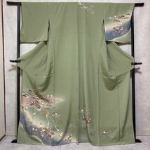 着物　単衣　訪問着 付け下げ 部分刺繍　ぼかし　花柄　松　緑色系　正絹　春夏秋冬　着丈156.5cm 裄丈65cm 0426-24m_画像1