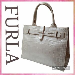 FURLA　フルラ　バッグ　レディース　ブランド　トートバッグ　ハンドバッグ　白 レザー クロコ型押し 本革