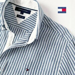 トミーヒルフィガー TOMMY HILFIGER ボタンダウン ストライプ リネン 長袖シャツ S (日本M) ネイビー ホワイト 麻 シャツ 