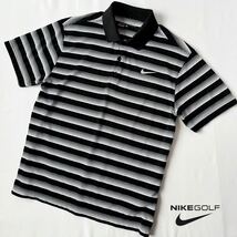 (美品) ナイキ ゴルフ NIKE GOLF DRY-FIT 吸汗速乾 ポロシャツ L ブラック ホワイト ボーダー柄 半袖 シャツ ゴルフウェア_画像2