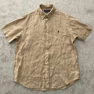 美品 POLO Ralph Lauren ポロ ラルフローレン 半袖 リネン ボタンダウンシャツ S/S LINEN BDシャツ サンド 麻 L 180/100A クラシックFIT