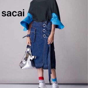 sacai デニムスカート レースアップ カットオフ ミモレ丈 インディゴ S