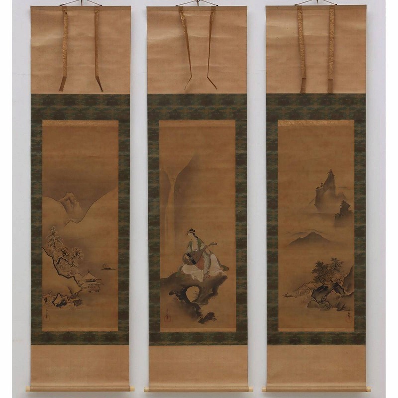 DE05-9160[TOM] [Authentic work] Kano Douun (Kano Masunobu) Hanging scroll, silk, handwritten, ink, three widths, signed, sealed, combined box, Kano Tan'yu, founder of Kano in Surugadai, early Edo period Chinese painting, painting, Japanese painting, landscape, Fugetsu