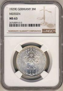 ●ドイツ(ワイマール共和国) 1929年E NGC MS63 マイセン1000周年記念 3レイヒスマルク銀貨