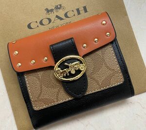 [新品未使用]COACHシグネチャースタッズ二つ折り財布　ミニ財布 スモール レザー 