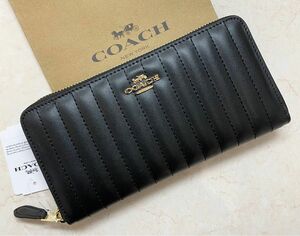 【新品未使用COACH コーチ 長財布 キルティング ブラック レザー コーチ　ギフトボックス付き 小銭入れあり