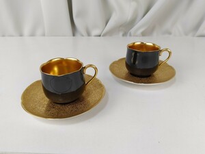 大倉陶園 OKURA デミタス カップ＆ソーサー 漆蒔 黒蒔 金蝕 2客 ①