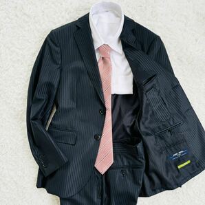 極美品【漂う風格】MALE&CO スーツ セットアップ ネイビー ストライプ テーラードジャケット パンツ シャイニーウール 2B の画像1