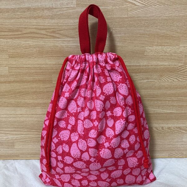 ハンドメイド お着替え袋 体操服袋 デニム調 いちご ピンク