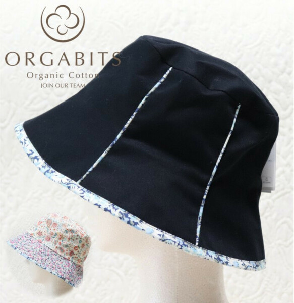 新品タグ付き【ORGABITS オーガビッツ】オーガニックコットン リバティ生地 リバーシブル バケットハット 黒 56-58cm v4852