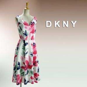 新品 DKNY 10/15号 ダナキャラン 白 ピンク 緑 花柄 Aライン ワンピース パーティドレス 結婚式 二次会 披露宴 発表会 演奏会 輝34W1304の画像1