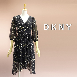 新品 DKNY 4P/7号 ダナキャラン 黒 白 花柄 シフォン ワンピース パーティドレス 長袖 結婚式二次会 フォーマル お呼ばれ 発表会 慶35W2402