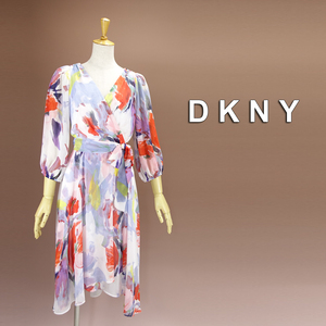 新品 DKNY 4/9号 ダナキャラン 白 赤 水色 花柄 シフォン ワンピース パーティドレス 長袖 結婚式 二次会 フォーマル お呼ばれ 華53W2604