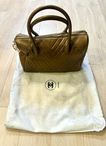 【希少品】 CHANEL シャネル CC COCO ココマーク ラムスキン Vステッチ シェブロン ハンド バッグ ボストン ヴィンテージ ゴールド金具