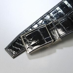 TH4132◎シャイニング クロコダイルレザー 本ワニ革 レザーベルト ブラック系 アジャスター調節・カット調節可 全長:約113cmの画像4