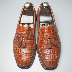 W1483//*フローシャイム/FLORSHEIM*メンズ9.5D/ワニ革/タッセルローファー/レザースリッポン/モカシンシューズ/革靴/茶/ブラウン