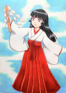 Art hand Auction Hand-drawn illustration copy paper A5 size Shrine maiden in the blue sky, comics, anime goods, hand drawn illustration