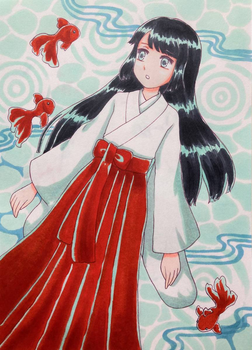 Hand-drawn illustration copy paper A5 size goldfish and shrine maiden, comics, anime goods, hand drawn illustration