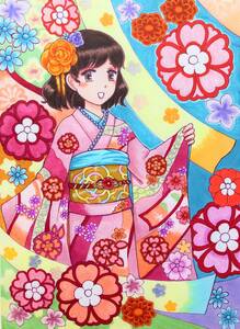 Art hand Auction Hand-drawn illustration copy paper A5 size gorgeous long-sleeved kimono girl, comics, anime goods, hand drawn illustration