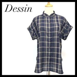 【未使用に近い】Dessin デッサン 半袖 シャツ チェック柄 ネイビー M