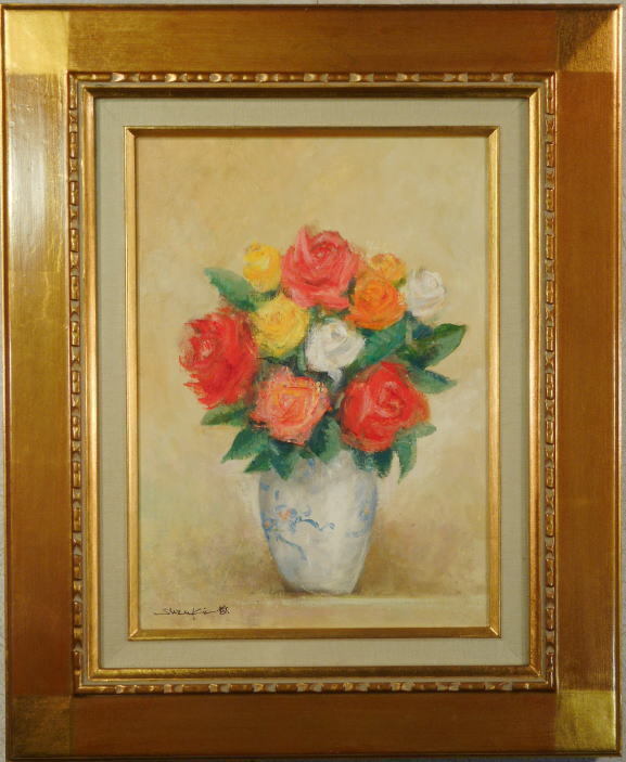 铃木哲夫的油画 F4, 玫瑰, 艺术家签名, 保证正品, 原画, 框架, 前身为创意艺术协会, 白日会, 一水会, 一位才华横溢的艺术家, 曾参加过二花展和其他展览。状态极佳。, 绘画, 油画, 静物