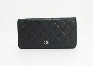 ◇【CHANEL シャネル】ラムスキン マトラッセ 2つ折り長財布 ブラック/シルバー金具