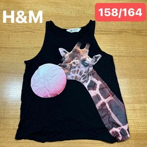 【H&M】(USED)バブルガム キリンちゃん プリント 黒 タンクトップ トップス ノースリーブ 158/164