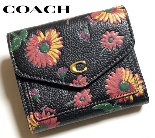 特価！ 可愛い COACH コーチ ペブル レザー フローラルプリント ウィン 花柄 三つ折り財布 ミニ財布 CM524 ブラックマルチ 新品本物